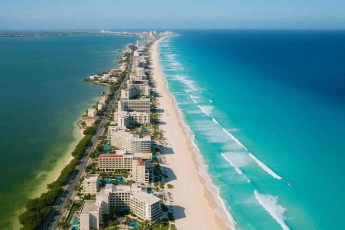 Aerial view of Cancun's Hotel Zone between the Caribbean Sea and the lagoon