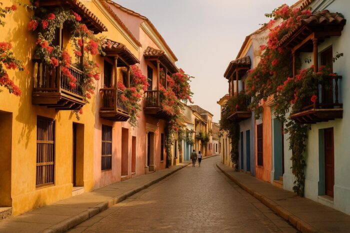 Couple strolling far down a colourful colonial street with flowered balconies in Cartagena
