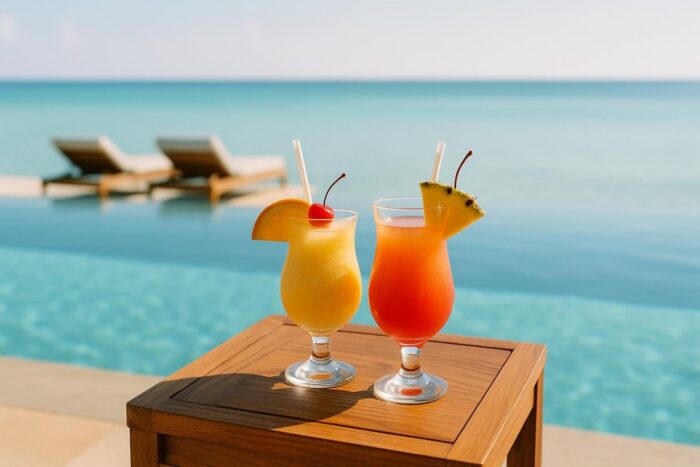 Two tropical cocktails on a poolside table in front of an infinity pool and the sea