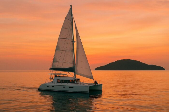 Catamaran sailing on a calm tropical sea at sunset