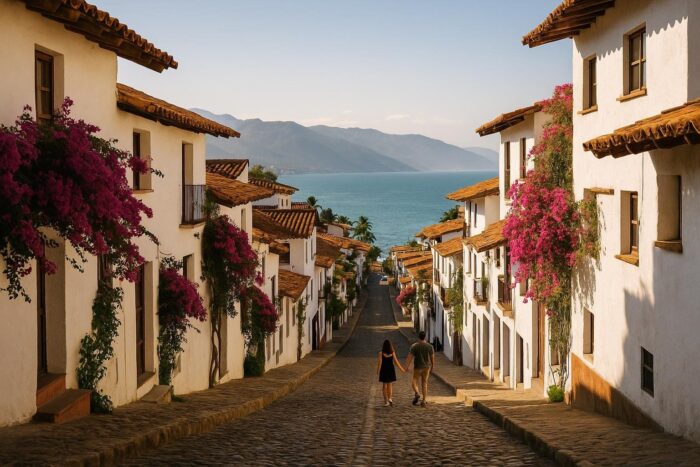 Cobblestone street of Puerto Vallarta's old town sloping down toward the Pacific