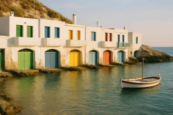 Colorful boat garages carved into the rock of a Milos fishing village