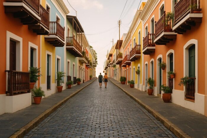 Colorful colonial houses on a blue cobblestone street in Old San Juan
