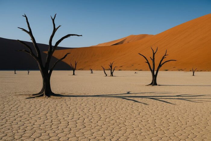 Dead camel thorn trees on a white clay pan below red dunes at Deadvlei