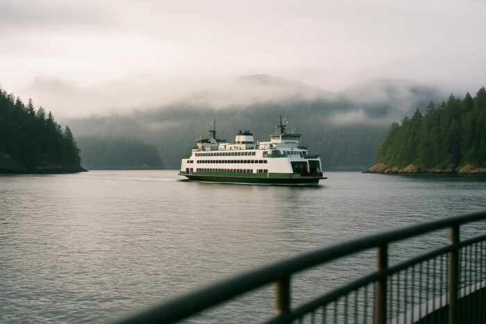 Ferry crossing calm water between forested San Juan Islands
