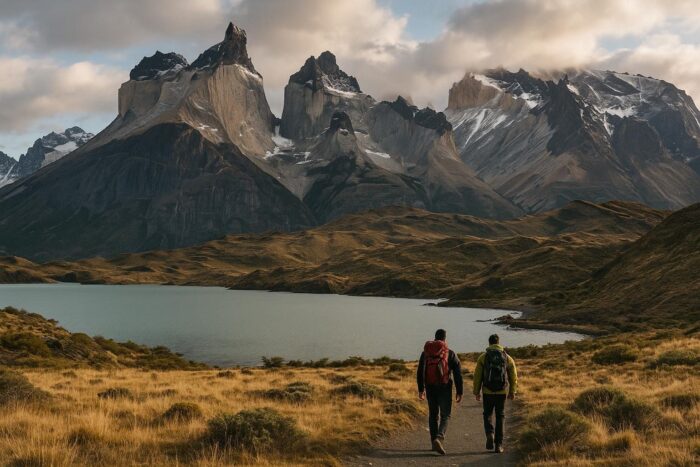 Granite towers of Torres del Paine above a turquoise lake in Patagonia