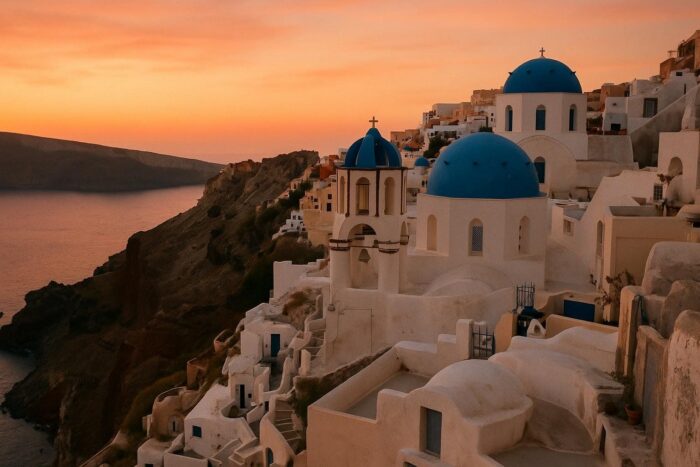 White houses and blue domes of Oia overlooking the Santorini caldera at sunset