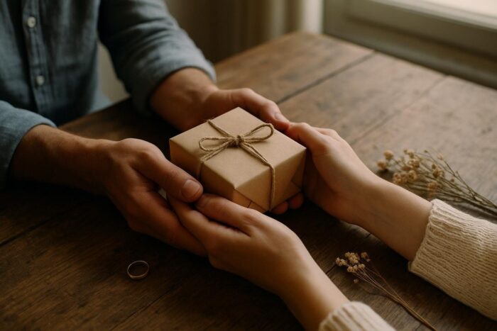 Hands holding a small kraft-wrapped gift box next to dried flowers on a wooden table