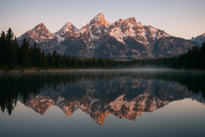 Jagged Teton peaks reflected in a calm alpine lake at sunrise