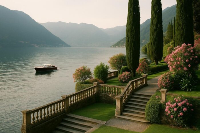 Lakeside villa garden and a wooden boat on Lake Como