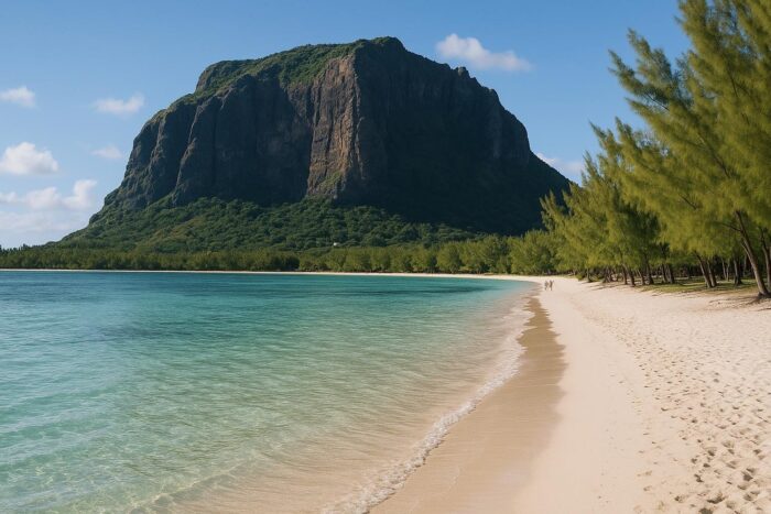 Le Morne mountain rising above the turquoise lagoon of Mauritius