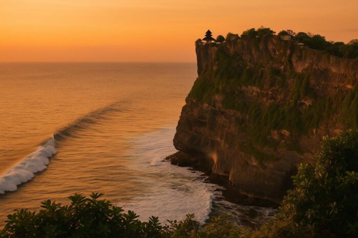 Limestone cliffs of Uluwatu above the Indian Ocean at sunset