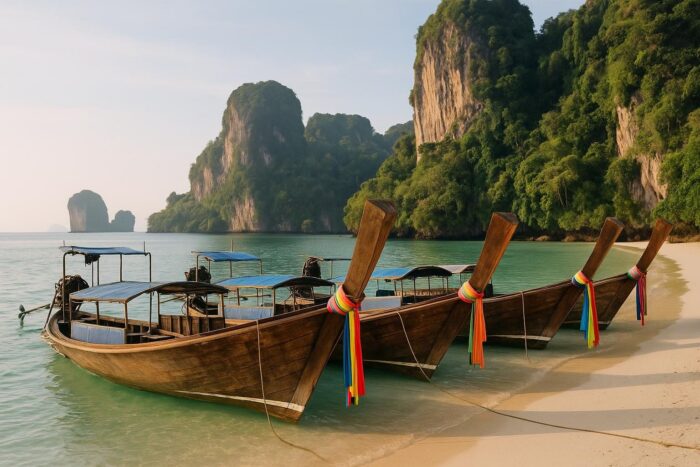 Longtail boats moored below limestone cliffs on the Andaman coast of Thailand