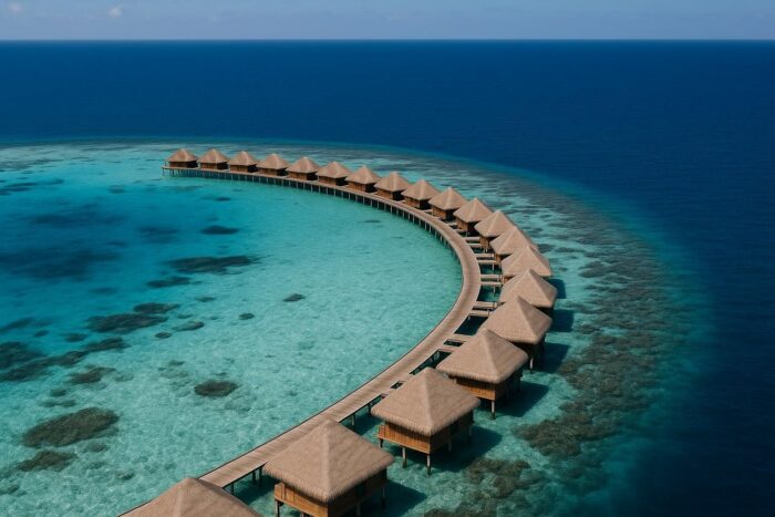 Overwater villas lined along a wooden jetty over the turquoise lagoon of a Maldives atoll