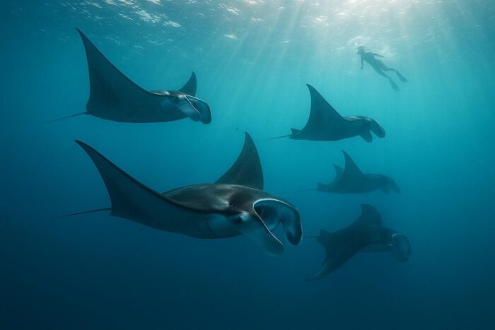 Manta rays gliding in the blue water of Hanifaru Bay