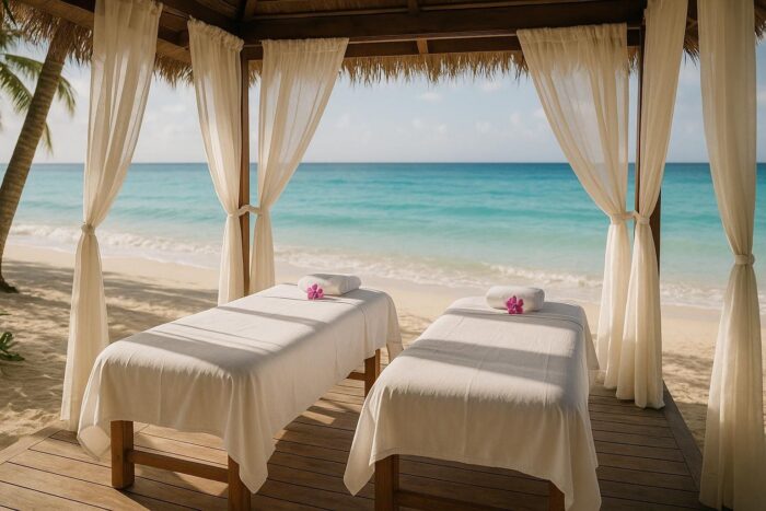 Open-air spa cabana with two massage tables facing the sea