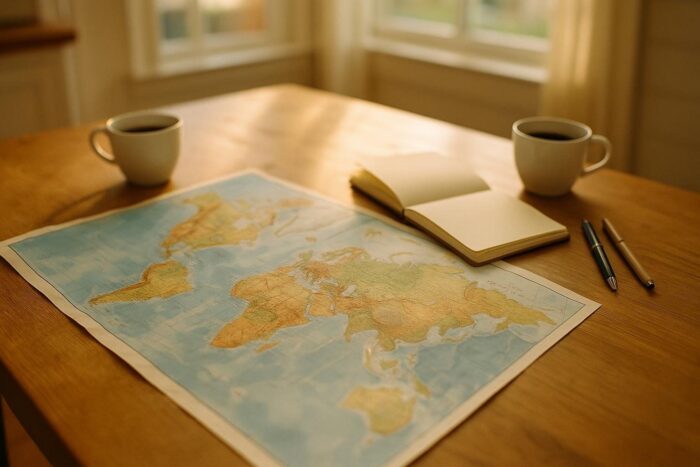 Paper map, notebook and two coffee cups on a wooden table