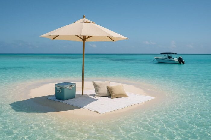 Picnic set up on a tiny white sandbank in a Maldives lagoon