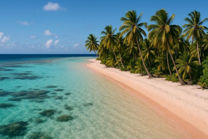 Pink-tinged sand and palms on a remote Tuamotu atoll