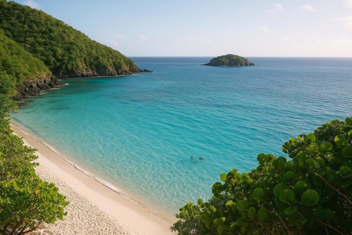 Quiet bay with clear turquoise water and forested hills on St. John