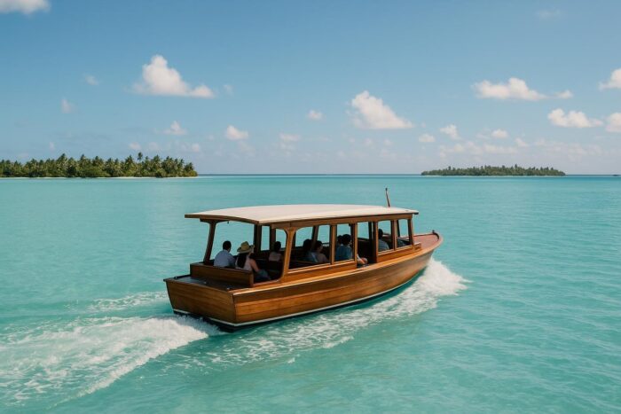 Resort shuttle boat crossing the turquoise lagoon of Bora Bora