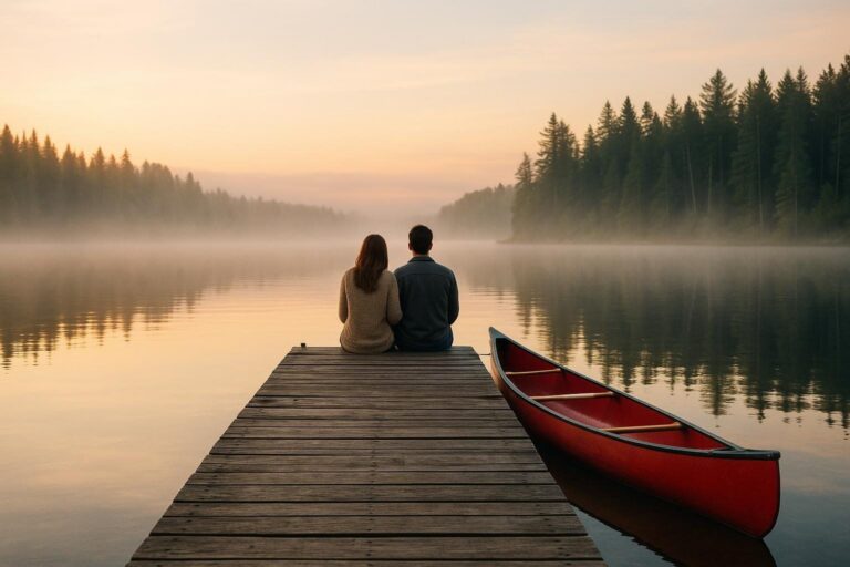 Couple sitting at the end of a wooden pier on a misty lake at sunrise, a canoe moored nearby