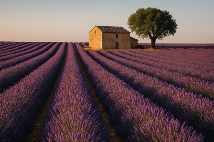 Rows of blooming lavender leading to a stone farmhouse in Provence