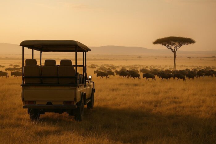 Safari vehicle watching a herd of wildebeest on the Masai Mara plains