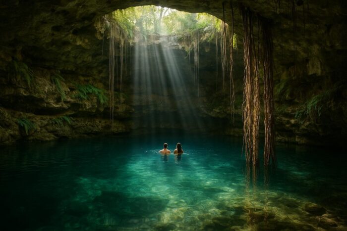 Sunlight falling into a turquoise cenote surrounded by rock and hanging roots