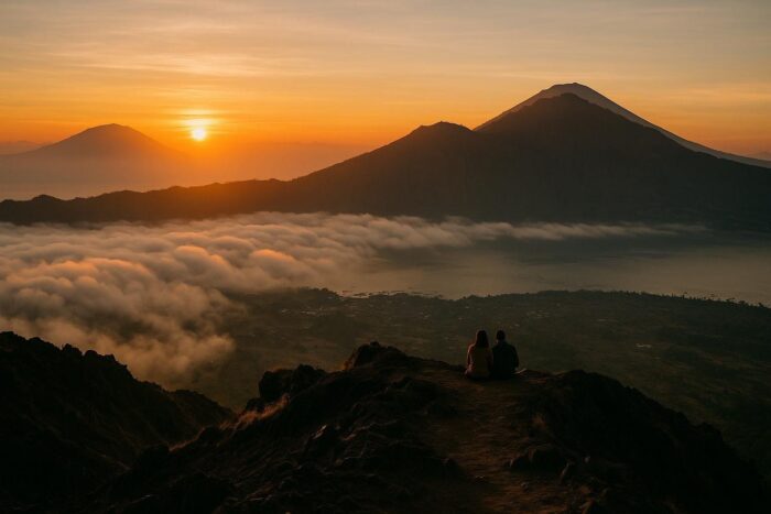 Sunrise over the caldera and lake from the slopes of Mount Batur