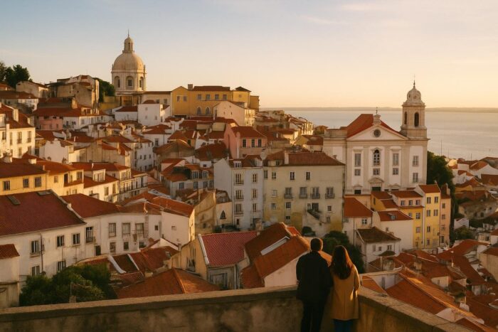 Terracotta rooftops of Lisbon and the Tagus River seen from a viewpoint