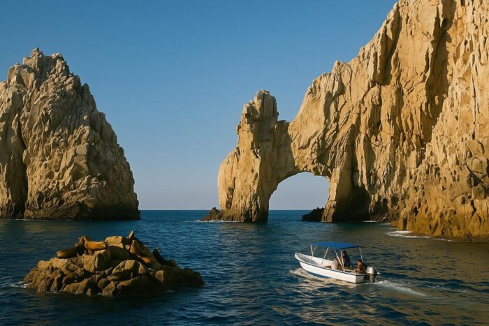 The rock arch at Land's End in Los Cabos with the sea beyond