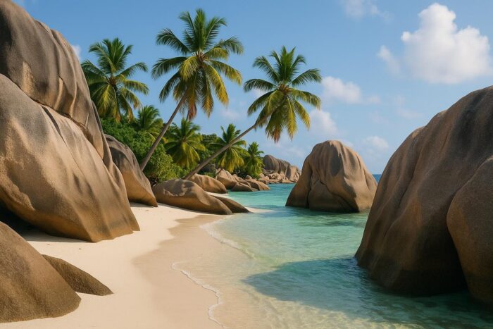 Granite boulders framing a white beach and turquoise water at Anse Source d'Argent in the Seychelles