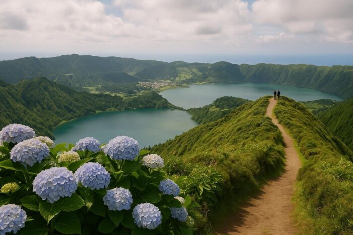 Twin crater lakes of Sete Cidades in the Azores seen from the rim