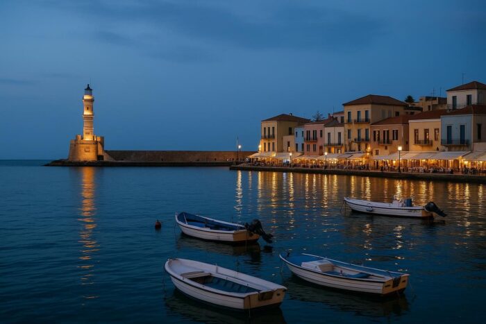 Venetian harbor and lighthouse of Chania in the evening