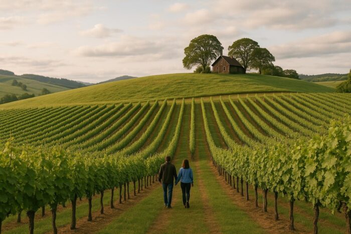 Vineyard rows on rolling hills in Oregon's Willamette Valley