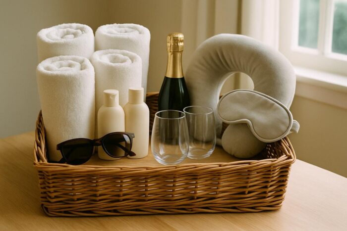 Wicker honeymoon basket with sunscreen, sunglasses, towels and sparkling wine